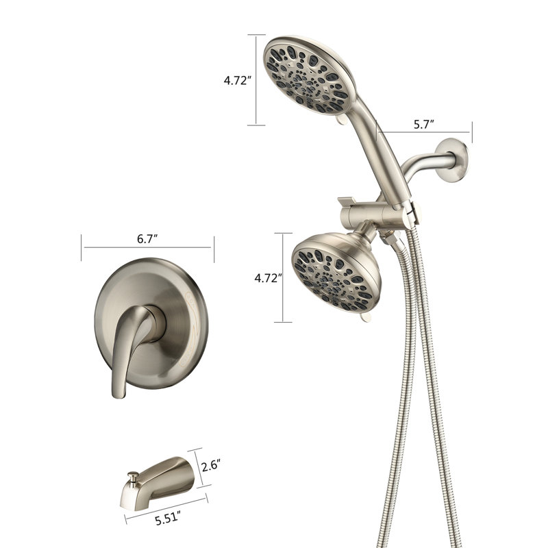 Système de douche mural avec bec de baignoire - valve haute 2 en 1. 7 modes de pulvérisation pour vous gâter. Robinet double en nickel brossé pour une douche de luxe. Finition