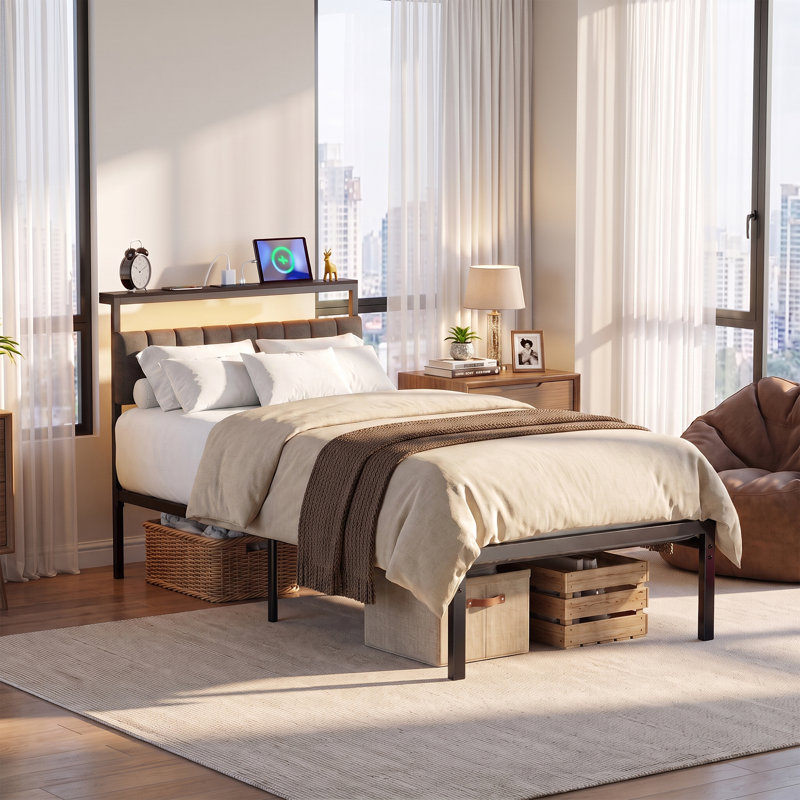 Tête de lit rembourrée pour lit simple avec cadre en acier, éclairage DEL et station de recharge intégrée, tête de lit avec rangement