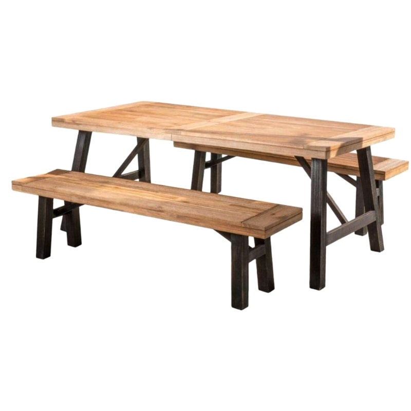Dining  3 Pcs : Wood Furniture With Slat Panels, Weather , Rustic Home Exhilaration Paneled Dining Table And Benches, , Theme