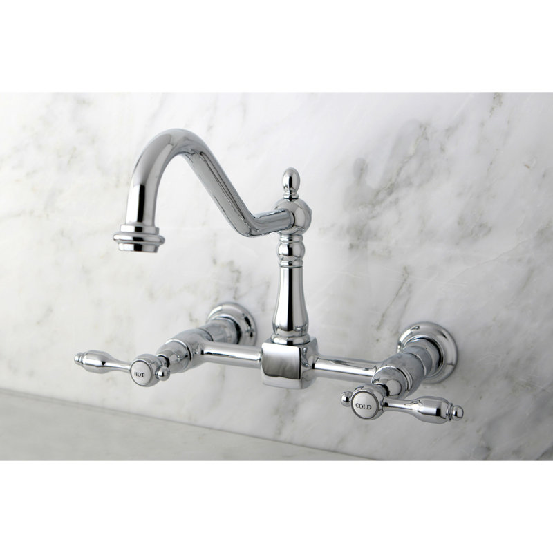 Kingston Brass Essex Double-Handle Wall-Mount Bridge Kitchen Faucet, Without Side Spray, Cross, Antique Brass