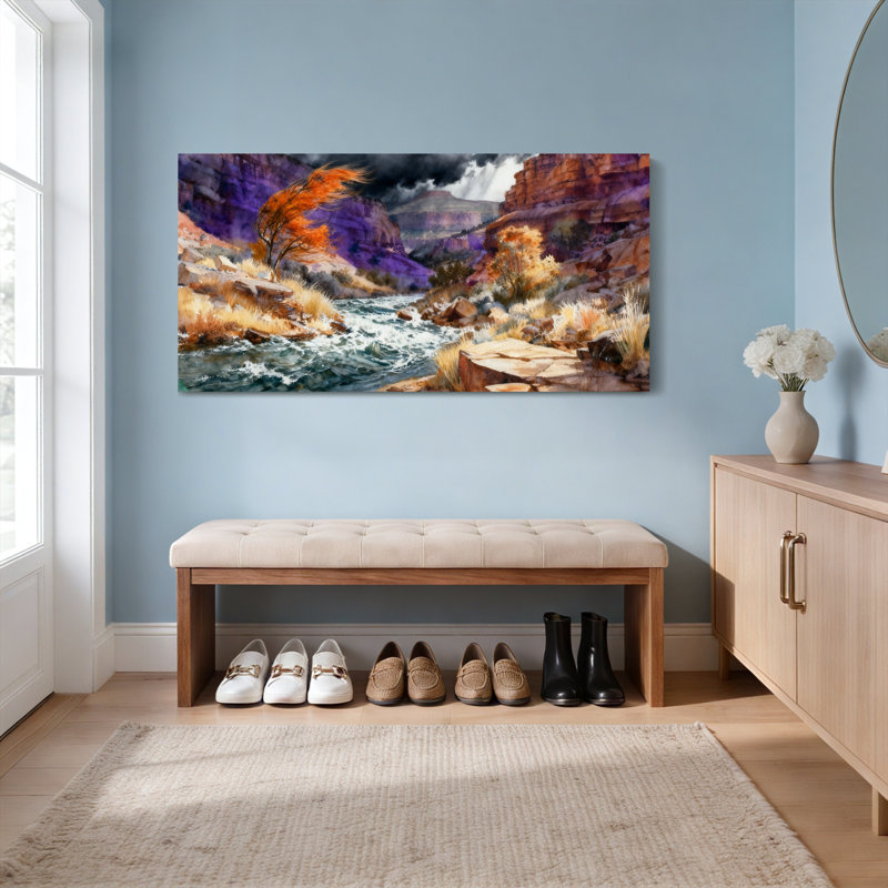 Tableau sur toile tendue représentant un paysage de rivière dans un canyon d'automne, H 12 po x l 36 po