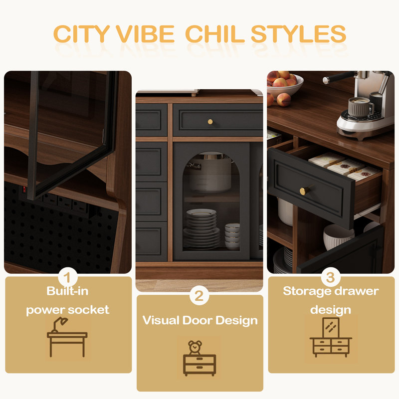 Armoire de rangement sur pied l 63 po avec huche, grand bar à café avec 6 tiroirs, 4 armoires avec tablettes réglables