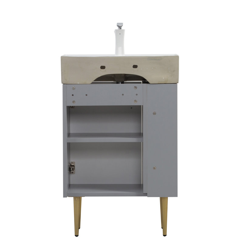Base de meuble-lavabo de 21,6 po, tablette ouverte à gauche, palette de couleurs grises, bois massif et matériau, lavabo en céramique, armoire à fermeture en douceur, extérieur imperméable, base dorée pour le style avec rangement à gauche, bruit