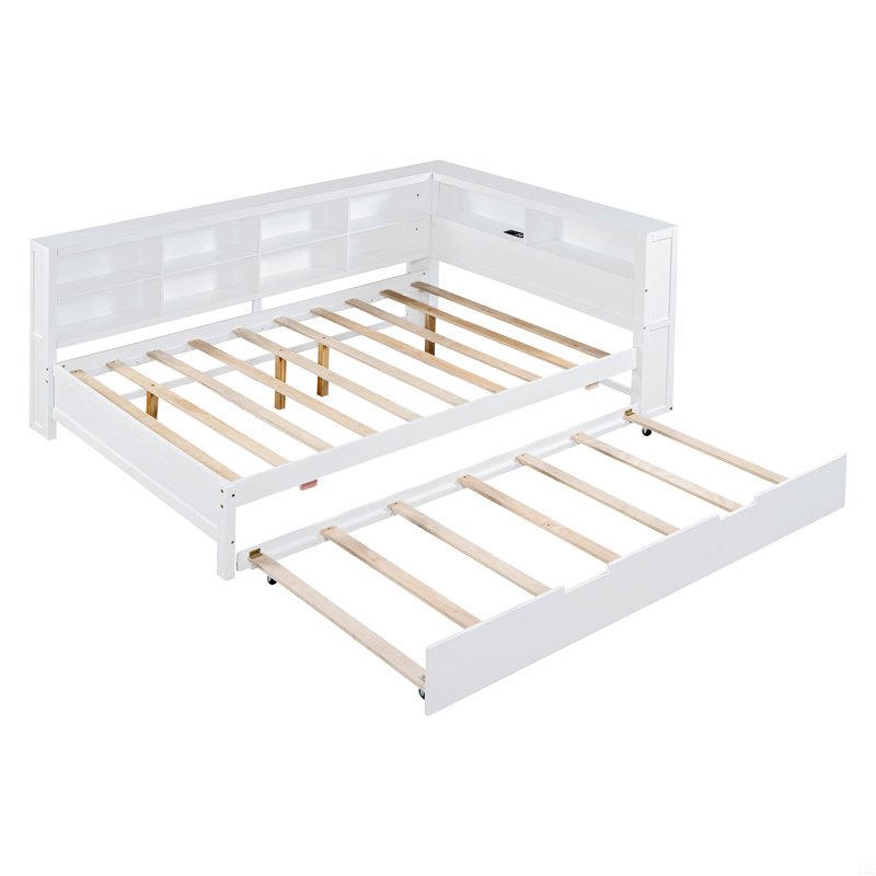 Wooden Full Size Daybed With Twin Size Trundle, Daybed With Storage Shelf And USB Charging Ports