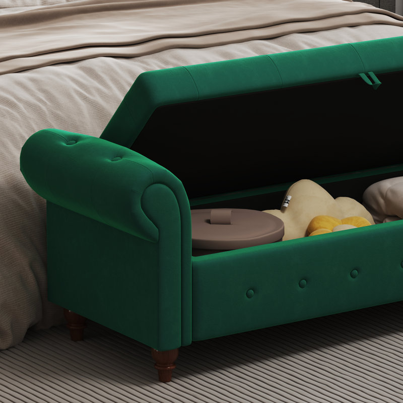 Conring 63" Tufted Storage Bench, Upholstered Storage Ottoman Bench, Rolled Arm Window Bench, Dark Green