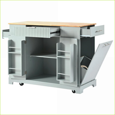 Kitchen Island with Tilt-Out Trash Can, Power & Storage | MDF,Rubber Wood | Black