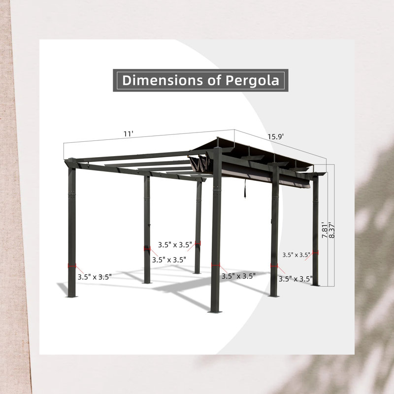 Outdoor Aluminum Pergola with Retractable Canopy, 11 X 16 FT Patio Gazebo for Garden Courtyard & Weatherproof Grill
