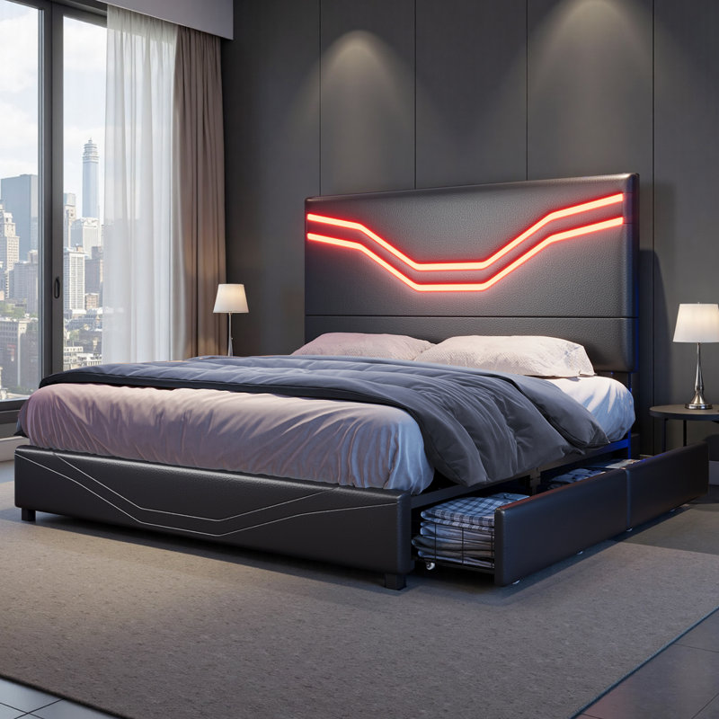 Storage Platform Bed with Adjustable Headboard and LED Lights, Twin
