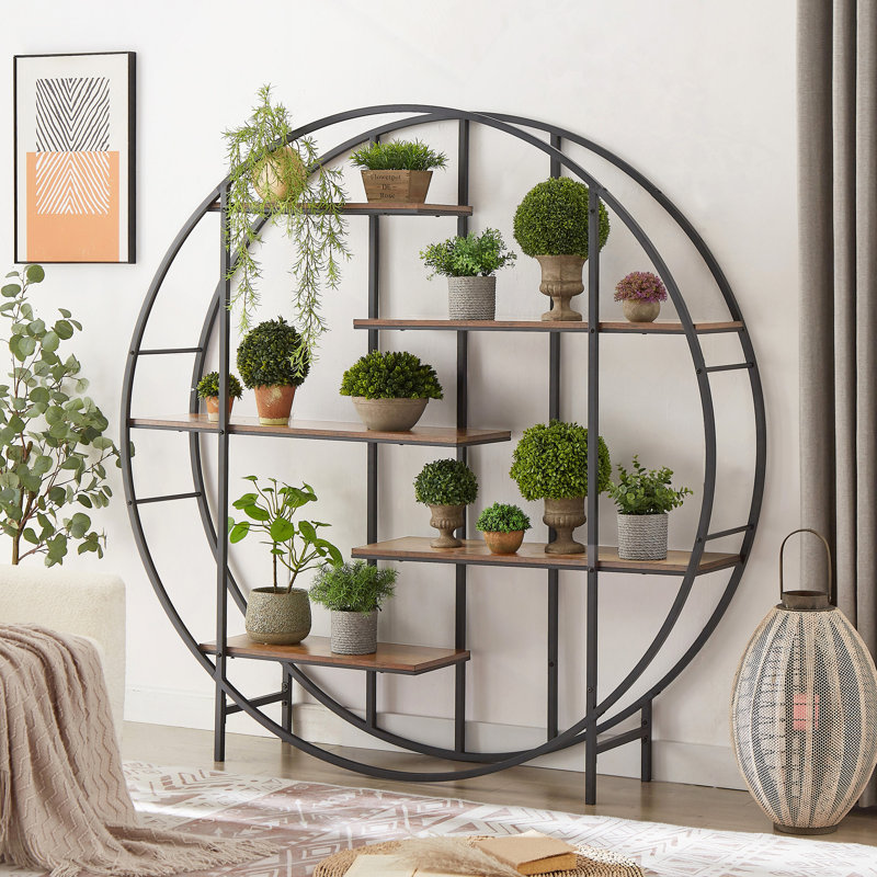 Round 5-Tier Metal Plant Stand Bookcase Storage Rack, Indoor Living Room Terrace Garden Balcony Display Stand., Rustic Brown