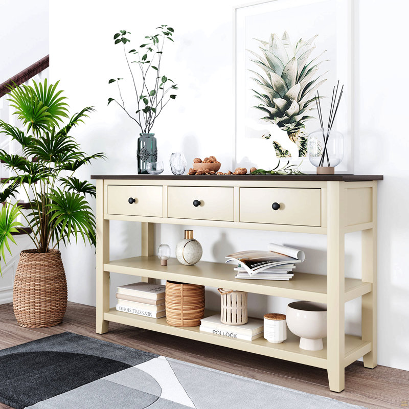 Console rétro avec deux tablettes ouvertes, structure en bois de pin massif et pieds pour le salon (espresso et beige), Beige