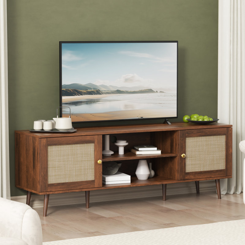 TV Stand For 55/65/70 Inch TV, Boho 59" Entertainment Center With Storage, Modern Mid Century Media Console With Rattan Doors And Adjustable Shelf, Wood TV Stand For Living Room