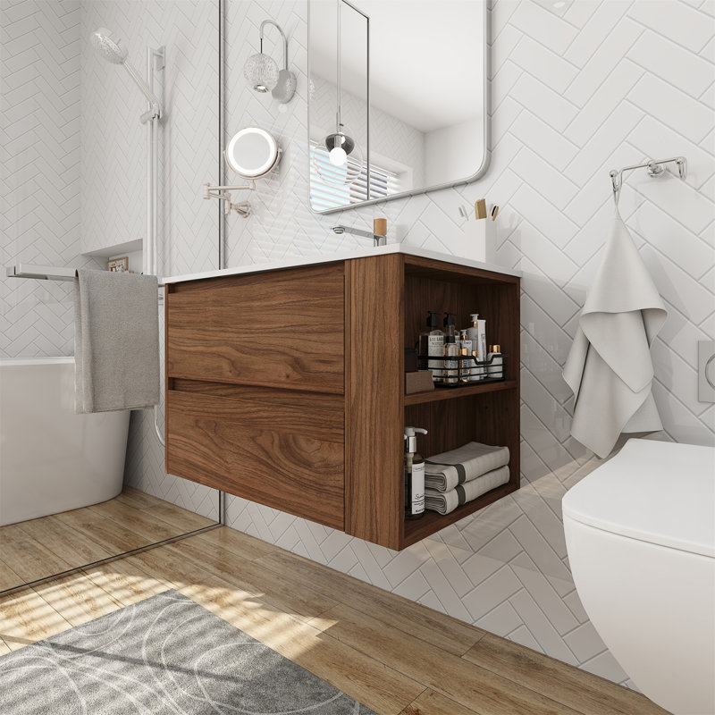 Meuble-lavabo mural 30 po avec lavabo en gel, tiroir à fermeture en douceur