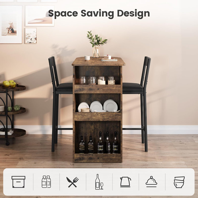Bar Table And Chairs, Tall Dining Set For 2, Storage Shelves For Space-Saving, Brown