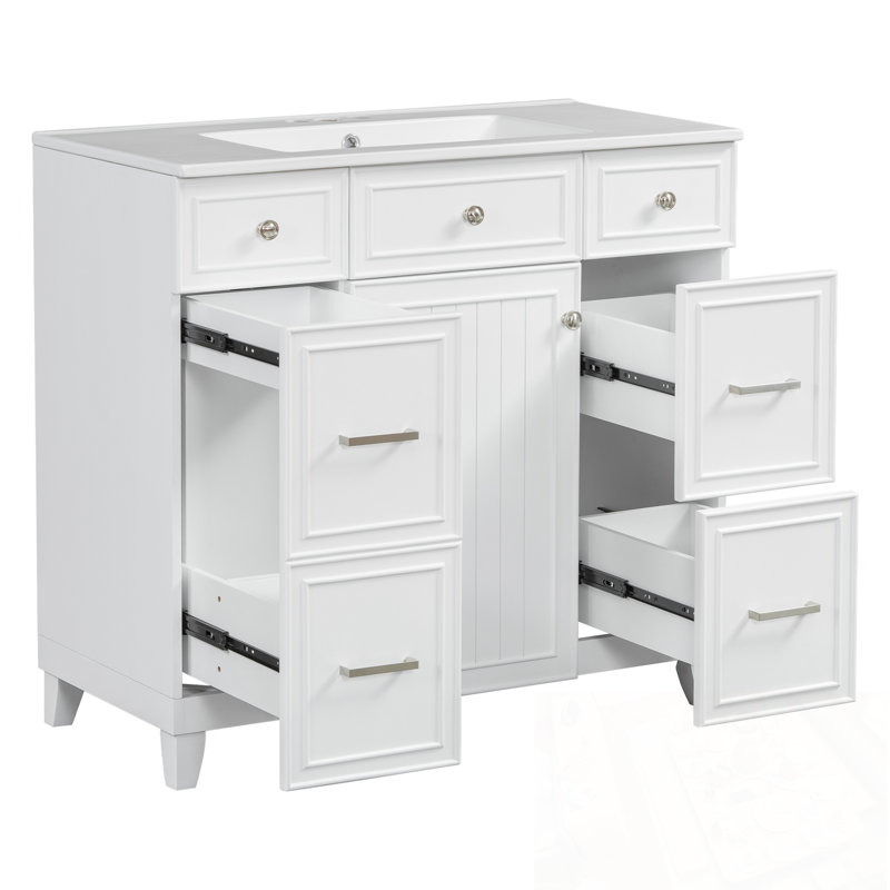 Bathroom Vanity with Ceramic Sink, Soft Close Doors, Adjustable Shelves and 3 Drawers, White