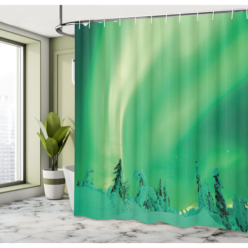 Union Rustic Aurora Borealis Shower Curtain Icy Pine Tree Fern Green, 70"H x 69"W