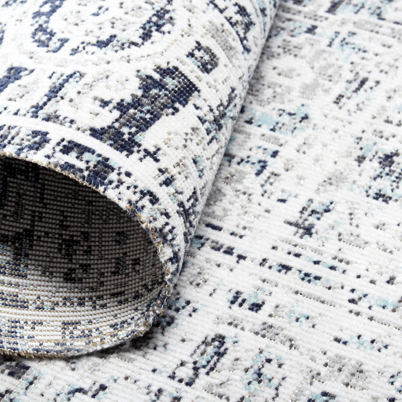 Navy Blue and Ivory Medallion Indoor/Outdoor Area Rug