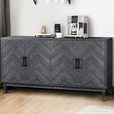 Buffet d'entrée robuste, gris taupe, 4 portes, fini laqué, structure renforcée, étagères réglables pour salon