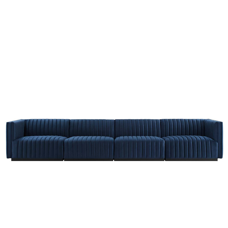 Conjure Channel Tufted Sofa by Modway, Black, Navy Blue Velvet, 28" H x 119" W x 41.5" D