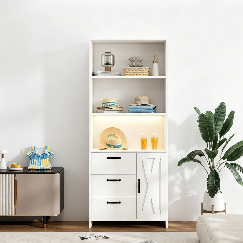 5-Tier Bookshelf with Door and 3 Drawers, 70.87" Wooden Bookcase with 3 Open Shelves, Farmhouse Floor Standing Bookcase with Storage Cabinet, Wooden Book Shelf for Home Office, Living Room, Bedroom.