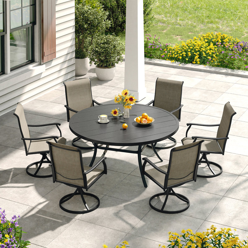 Table de salle à manger ronde en métal avec trou pour parasol, Noir, L 53 po x L 53 po x H 28 po 