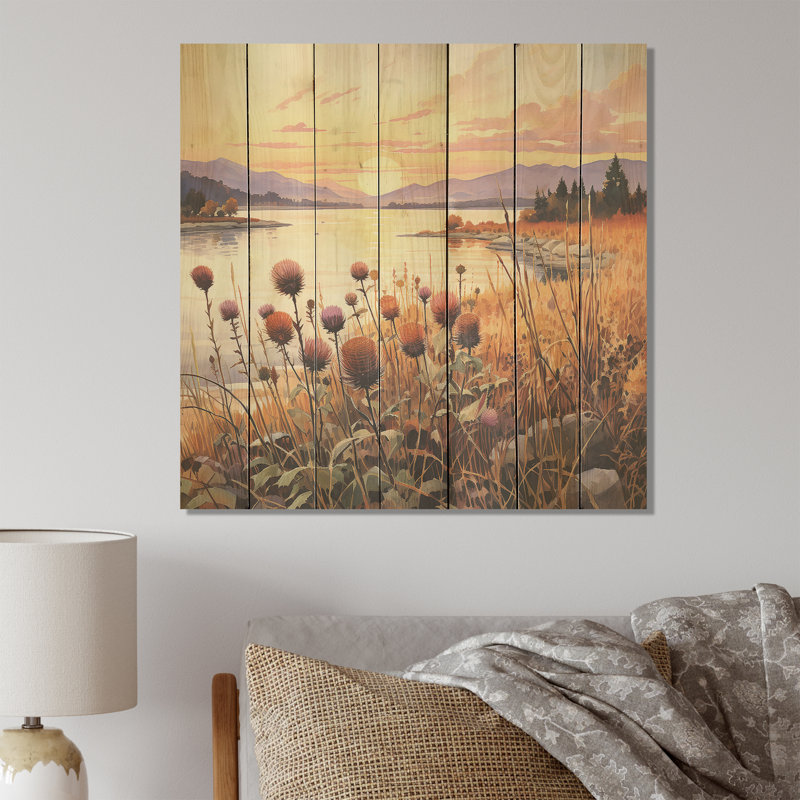 Summer Sunset Thistle Meadow - Thistle On Wood Print, 36" H x 36" W