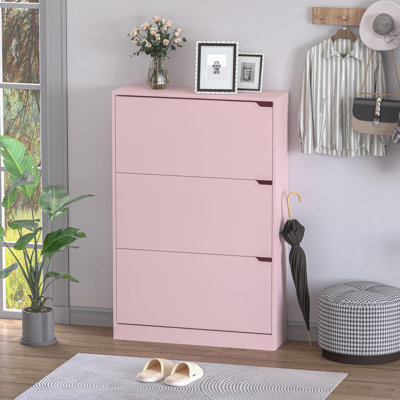 Armoire à chaussures avec 3 tiroirs rabattables, armoire à chaussures en bois cachée, armoire de rangement à chaussures autoportante pour le vestibule. H 47,2 po x l 31,5 po x P 9,25 po (rose)