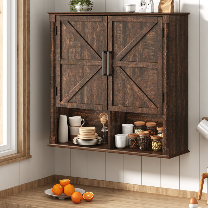 Farmhouse Bathroom Storage Cabinet, Double Wooden Bathroom Wall Cabinet With Roman Column Decor, Medicine Cabinets With Barn Doors, Wall Mounted Storage Cabinets For Kitchen
