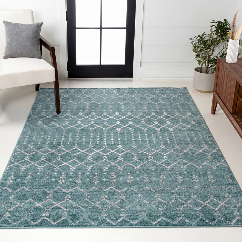 Leila Moroccan Diamond Trellis Machine-Washable Rug, Rectangle 4' x 6', Teal/Ivory