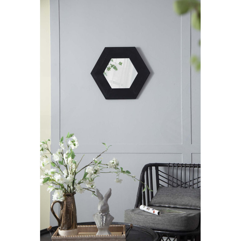Miroir hexagonal à décoration murale avec cadre en bois de teck massif et silhouette épurée, Noir