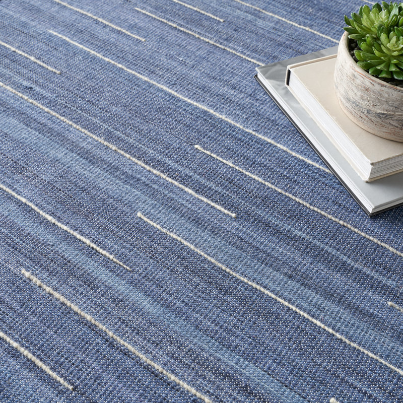 Tapis bleu marine en laine et coton tissé à la main Anerinda, Rectangle 6 pi x 9 pi