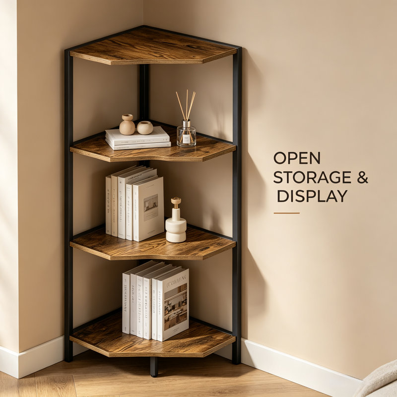 Étagère d'angle à 4 niveaux – Structure en métal, meuble de rangement multifonctionnel pour petits espaces et bureau à domicile