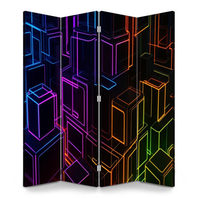 4 Panels Folding Screen Room Divider Royal Neon Abstract Geometric Blocks Vibrant Gradient Colors Canvas Screen Room Separator Freestanding Protective Wall Divider Privacy Partition
