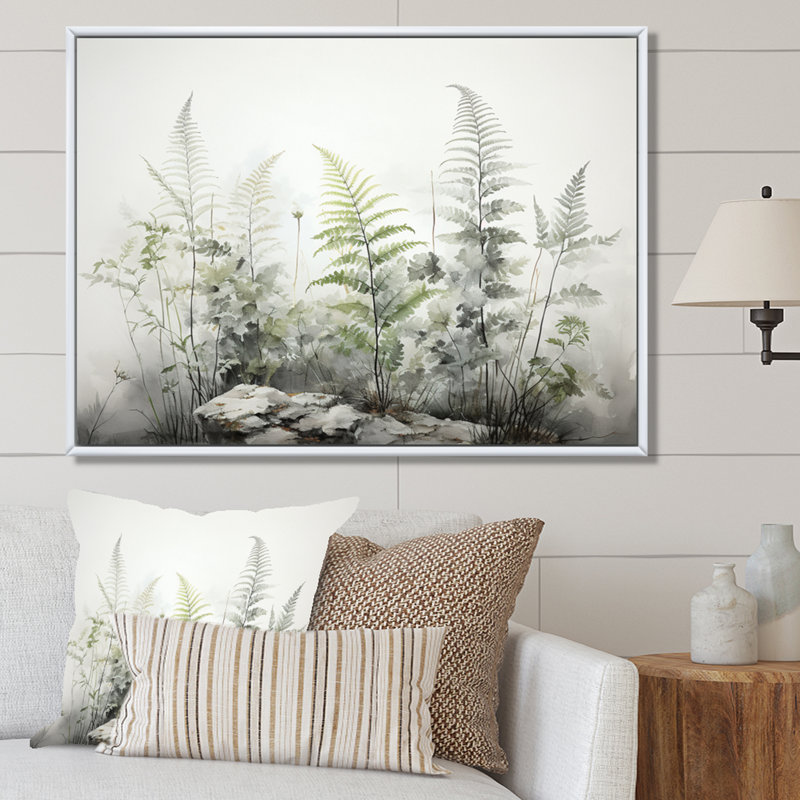 Ferns Silver Whispers I - fougères, art mural encadré, H 12 po x l 20 po x P 1 po, Cadre flottant blanc
