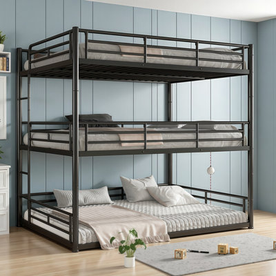 Triple Tier Metal Bunk Bed with Full Guardrails - Queen Size Space Saving Kids Bed for Siblings & Sleepovers - Sturdy Noise Reducing Design