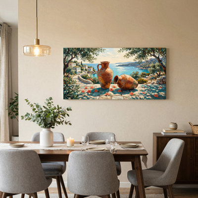 «Terracotta Jugs on Stone Path Near Coastal Village», art mural sur toile