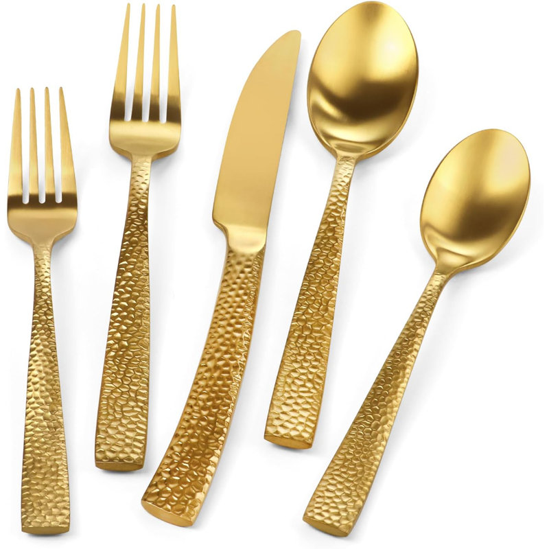Ensemble de couverts en acier inoxydable avec motif martelé et poli miroir, ensemble de couverts 20 pièces pour les repas quotidiens et les occasions spéciales, va au lave-vaisselle