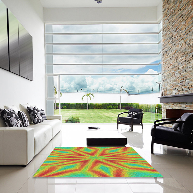 Tapis vert/orange à motifs, Carré 4 pi