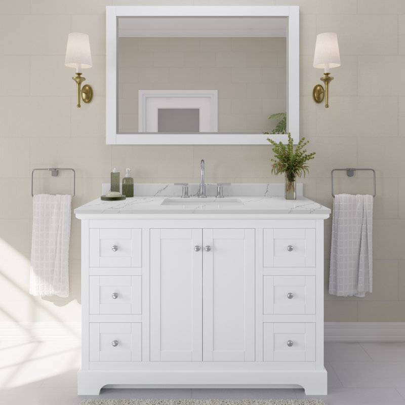 Avery 48'' Single Bathroom Vanity with Quartz Top, White, Giotto Quartz, Polished Chrome