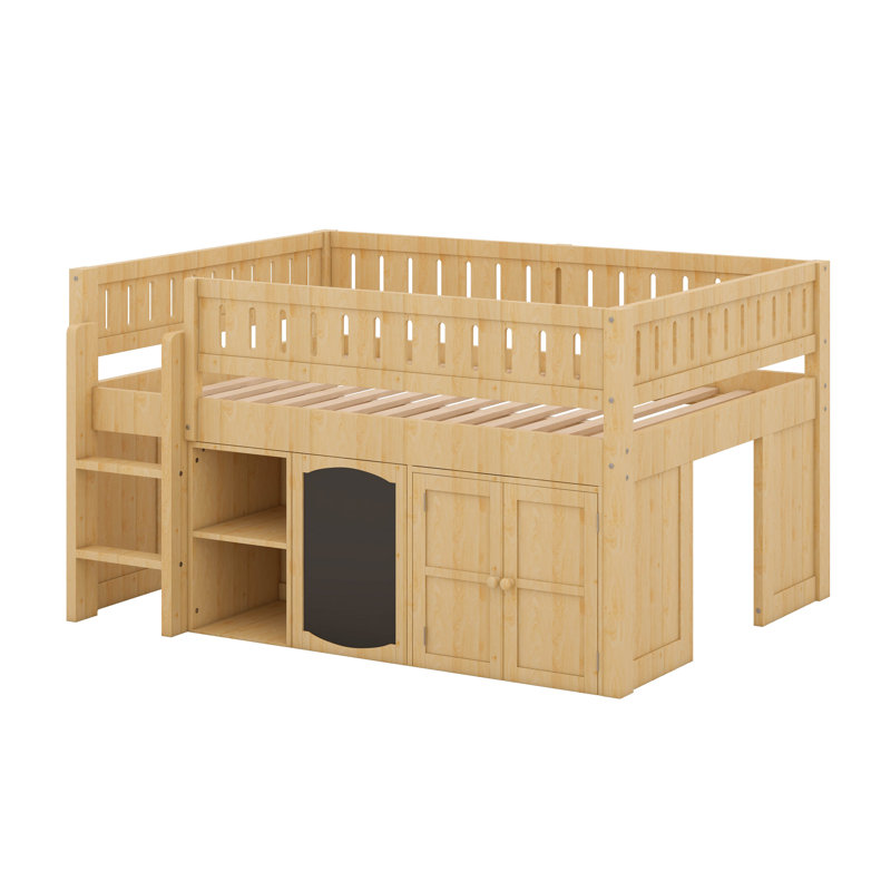 Full Size Loft Bed With Storage Cabinet & Chalkboard Panel, Natural