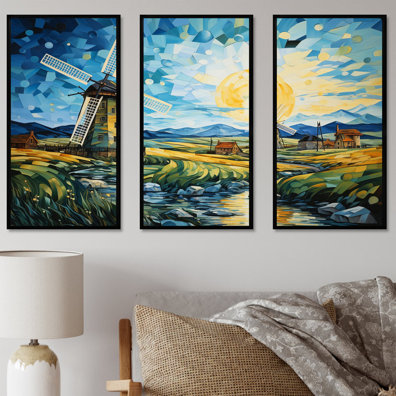 Blue Calm Windmill Meadows - Wind Turbines, art mural, H 28 po x l 36 po, Cadre flottant noir