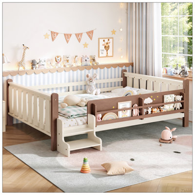 Grand lit au sol avec bibliothèques de rangement, lit en bois massif pour enfants avec de jolis escaliers et garde-corps, aucun sommier nécessaire, beige