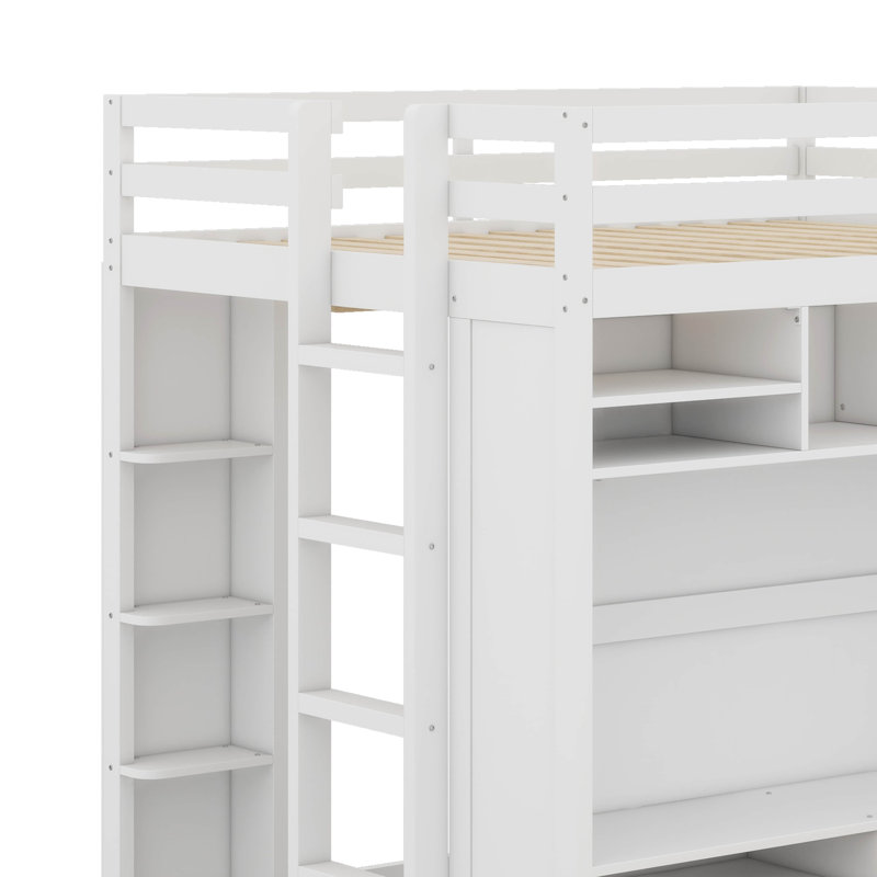 Lit mezzanine double avec tiroirs, tablettes et lumière, Blanc