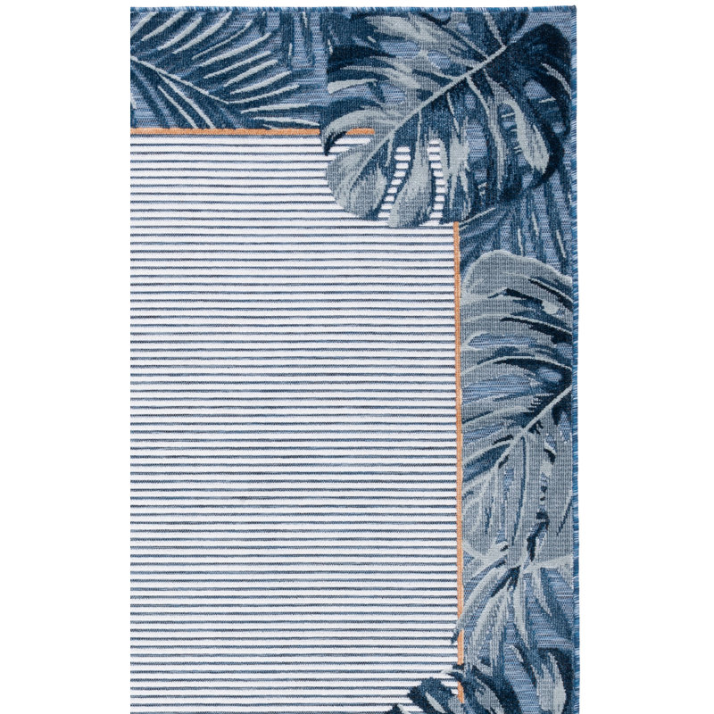 Tapis intérieur / extérieur ivoire / bleu marine / jaune Adheesh, Rectangle 8 pi x 10 pi