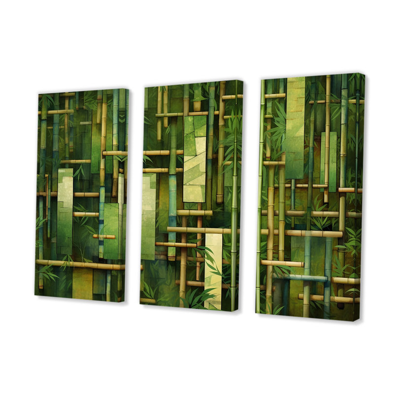 Whispering Bamboo Geometric Patterns - Ensemble de salon mural en bambou, H 28 po x l 36 po x P 1 po, Toile tendue