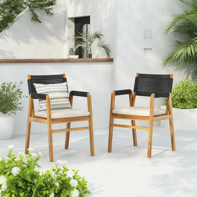 Outdoor Acacia Wood Dining Armchair Set of 2 with Comfortable Cushions, for Patio and Garden