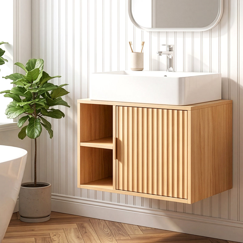 Meuble-lavabo mural 24 po en chêne avec lavabo en céramique à 1 porte, Chêne
