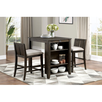 3-Piece Pack Counter Height Set Table W Display Shelf USB Ports And 2X Counter Height Chairs Fabric Upholstered Dining Furniture