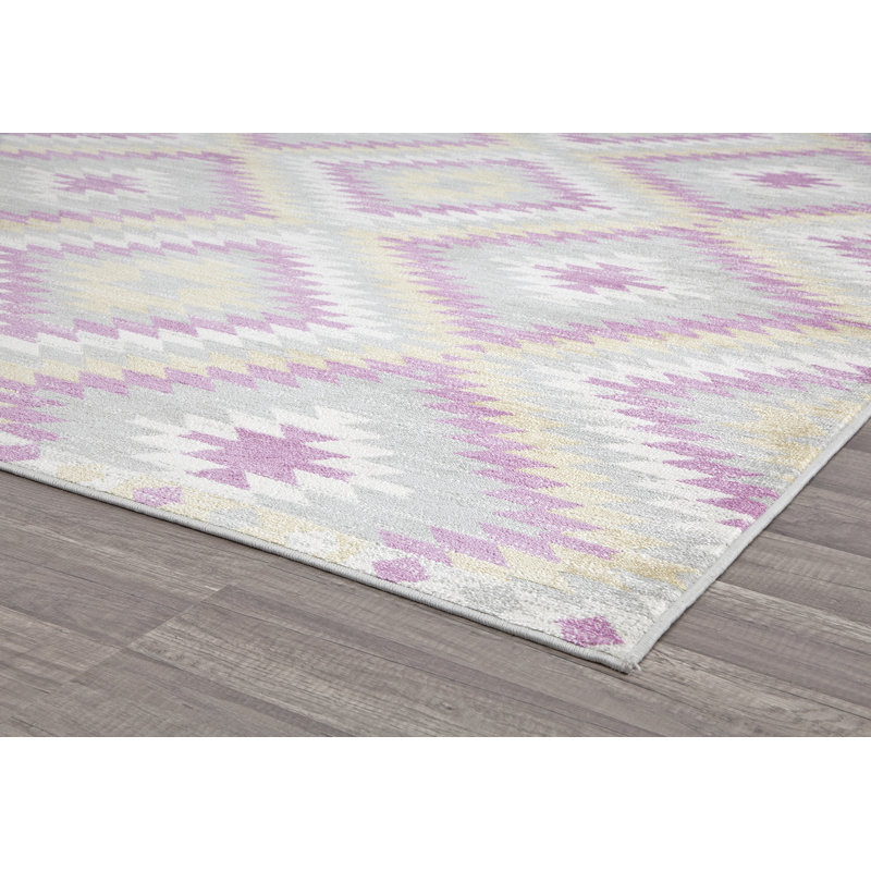 Tapis à motif tribal Mecca Bodrum BubbleGum, Rectangulaire 2 pi x 4 pi, Jaune/Rose/Ivoire/Gris