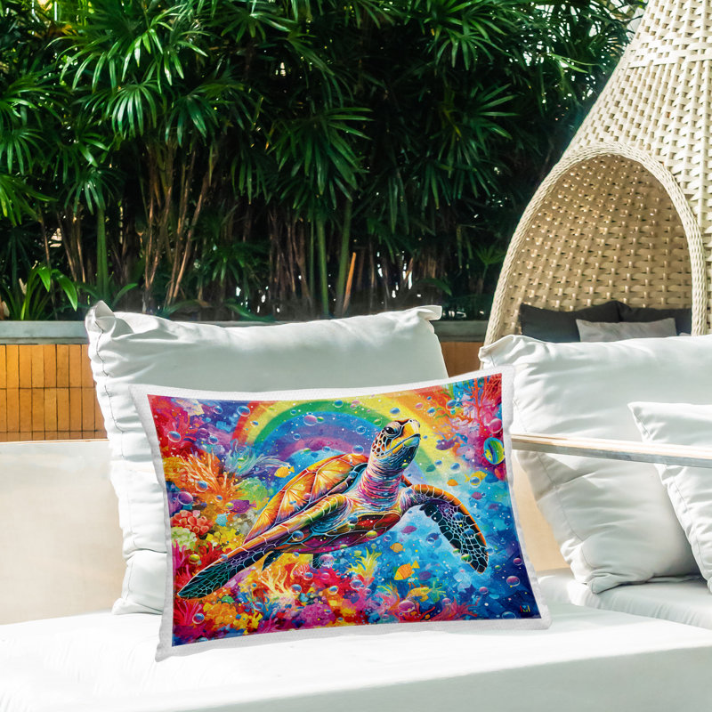 Coussin d'extérieur imprimé "Underwater Turtle & Rainbow" par Michael David Ward
