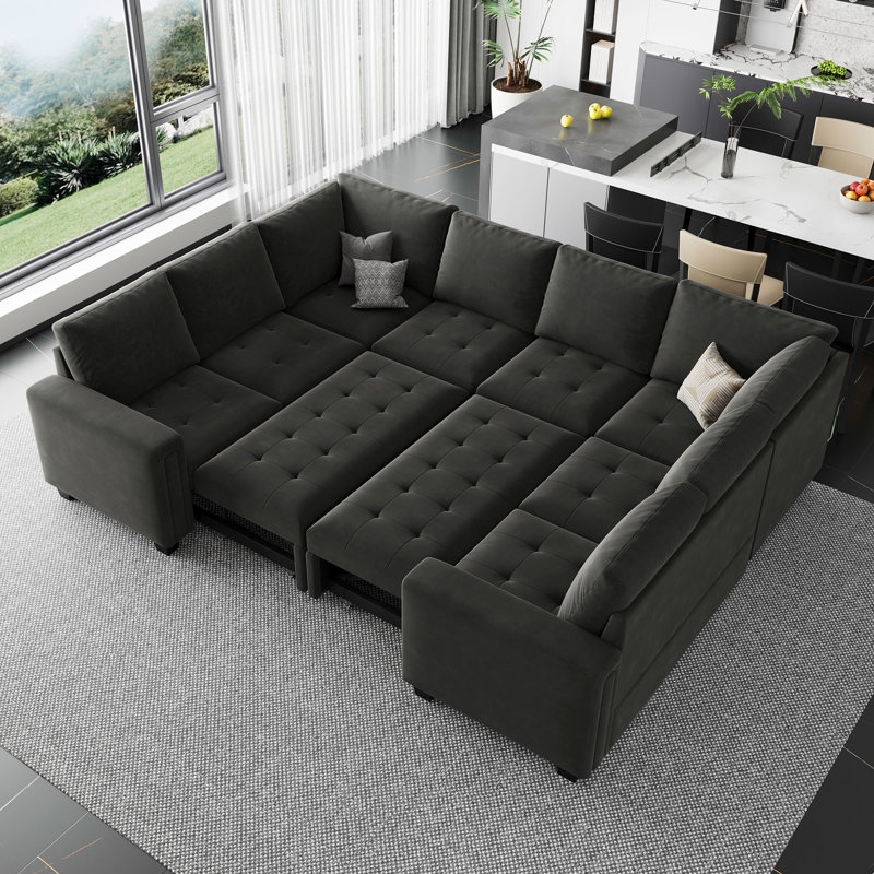 Shavera Velvet Large U-Shaped Sectional Couch Convertible Oversized Sofa Bed Sleeper, Gray Velvet